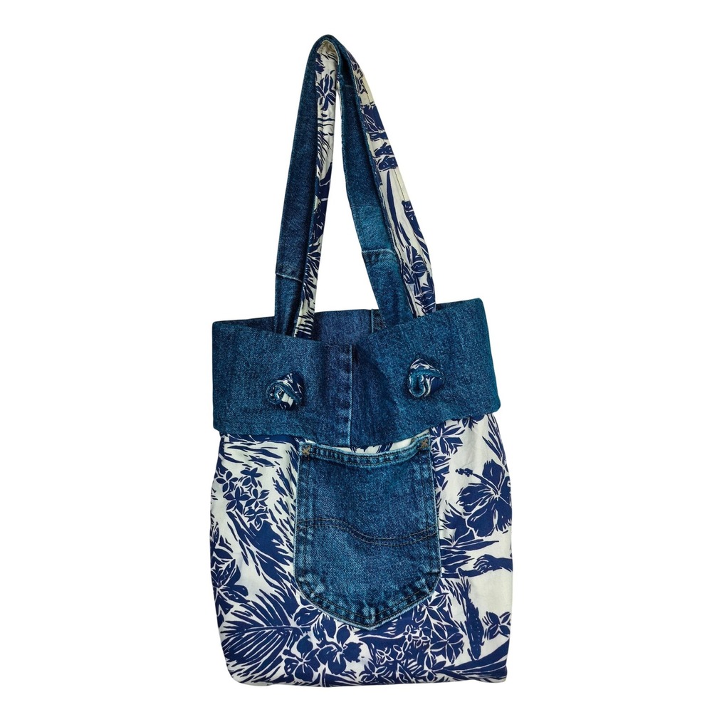 Handmade Upcycled Denim Tote Bag | Tropical Hawaiian Floral Island‎ Print | Boho